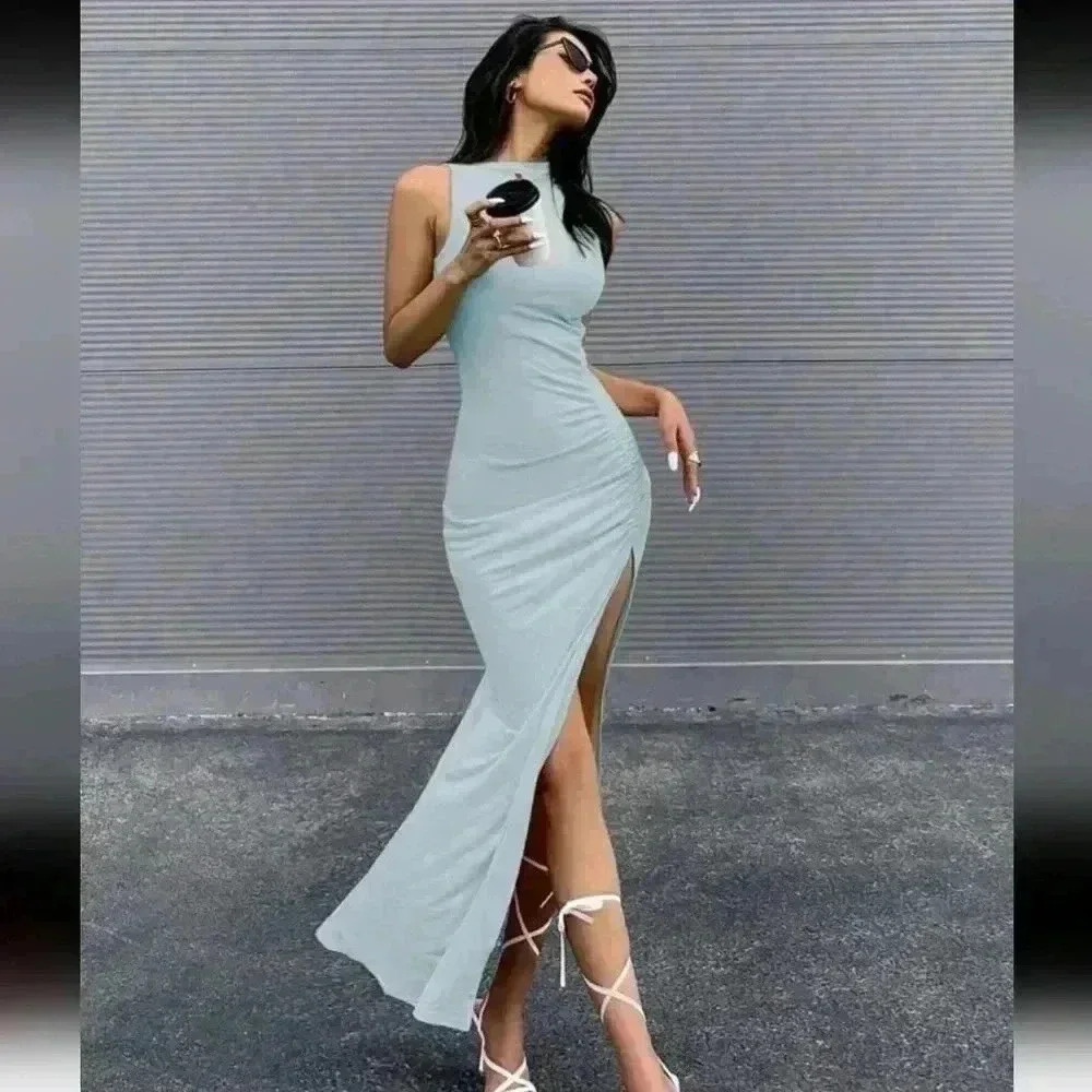 Shein Blue Solid Split Thigh Dress Size Small - Picture 4 of 5